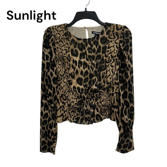 Express Womens Leopard Print Long Sleeve Smocked Waist Blouse Size S - Picture 1 of 12